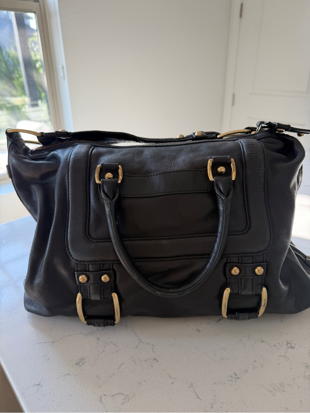 Vintage Banana Republic Black Leather Satchel Gold Hardware Y2K Chic